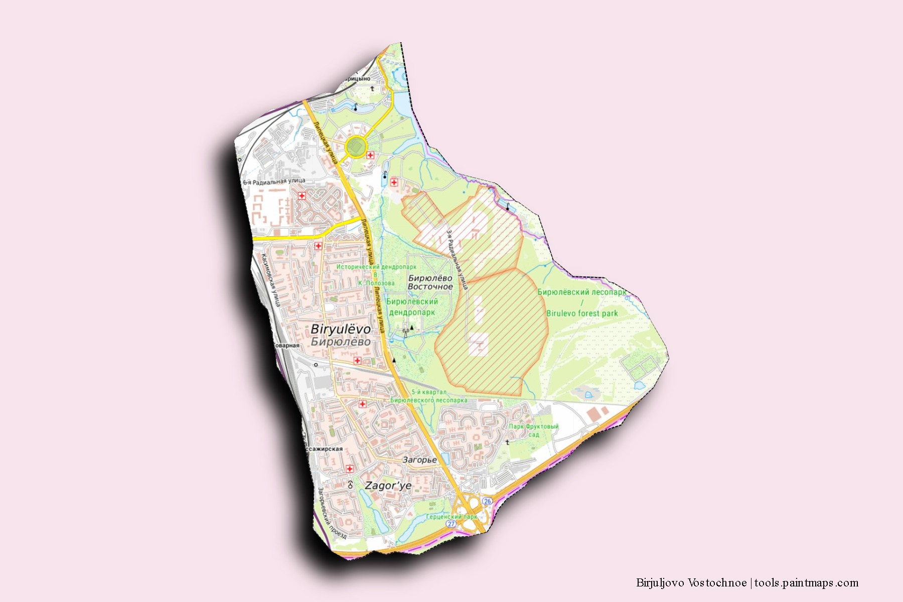 Mapa de barrios y pueblos de Birjuljovo Vostochnoe con efecto de sombra 3D