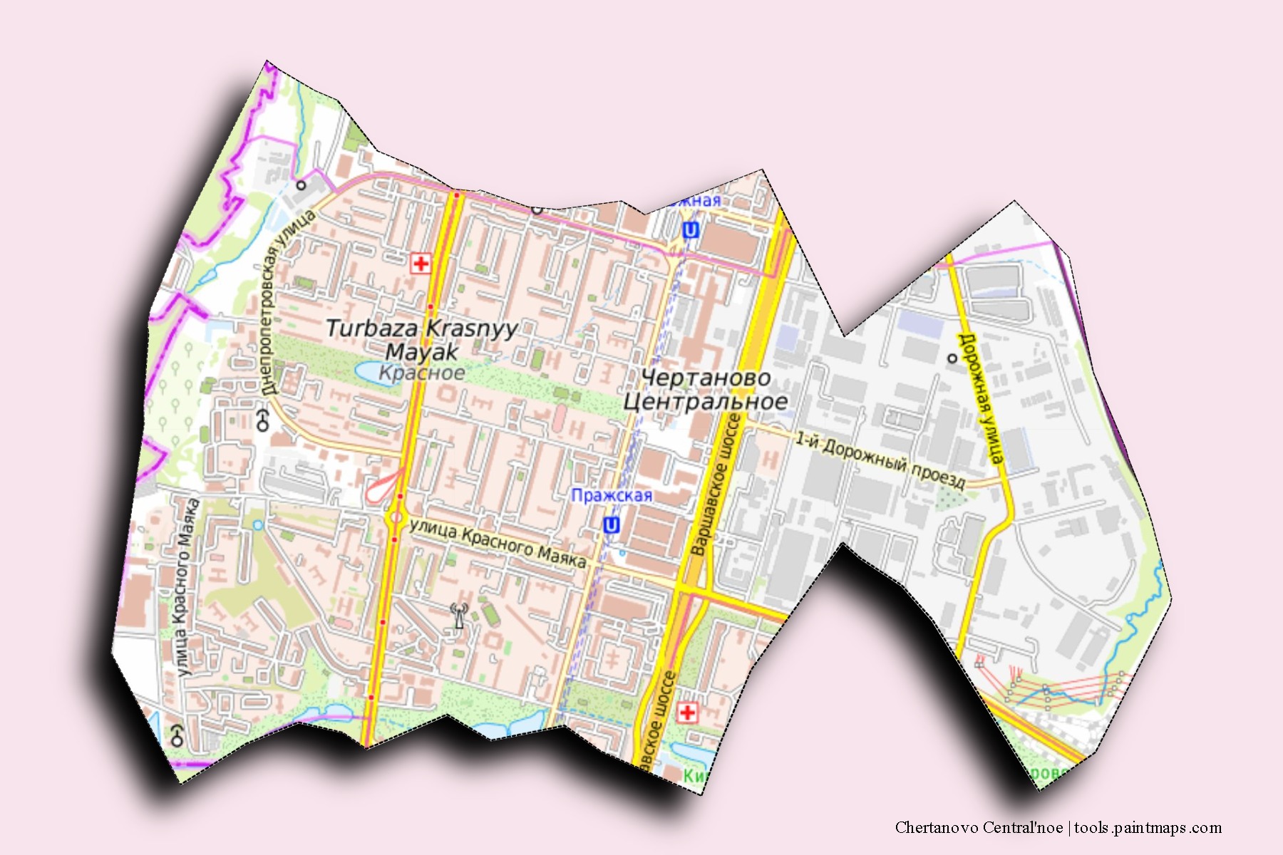 Chertanovo Central'noe neighborhoods and villages map with 3D shadow effect