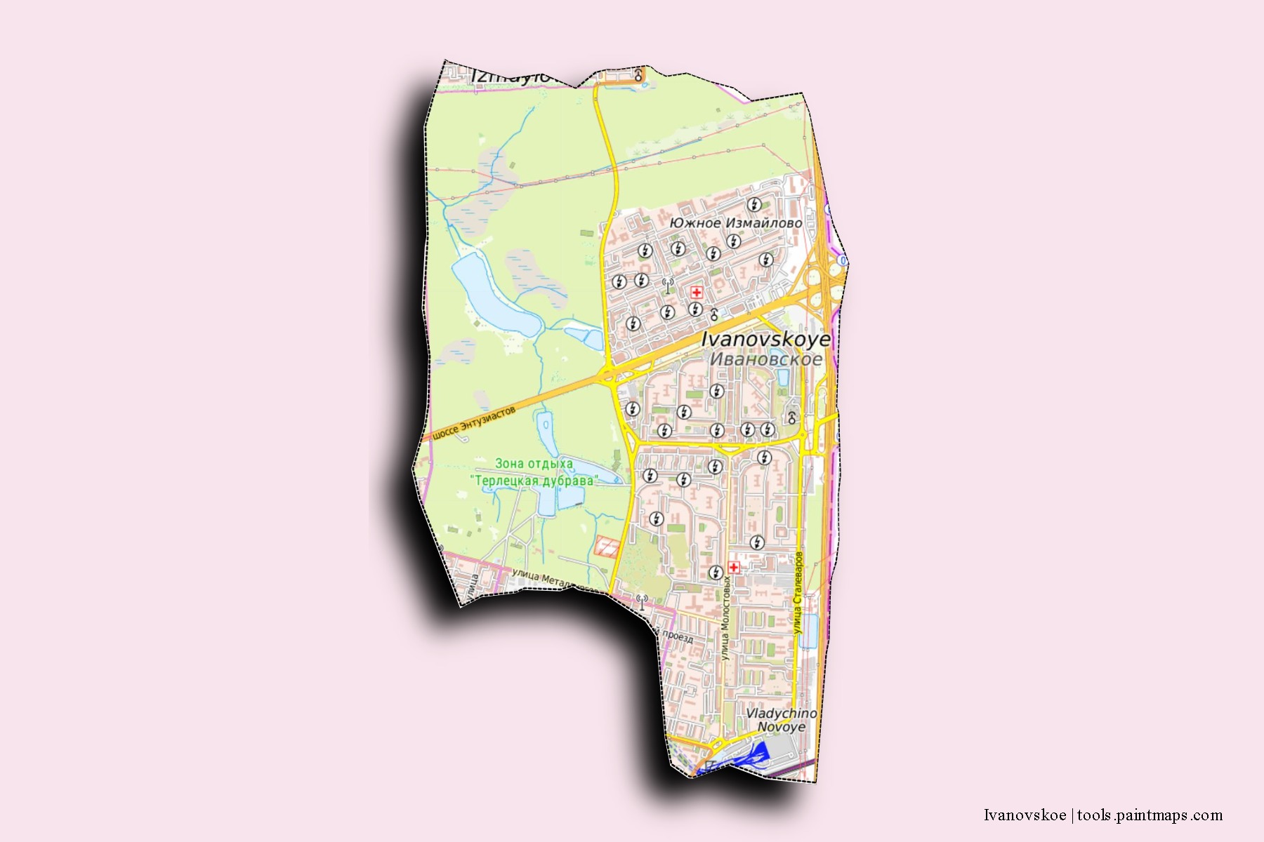 Mapa de barrios y pueblos de Ivanovskoe con efecto de sombra 3D