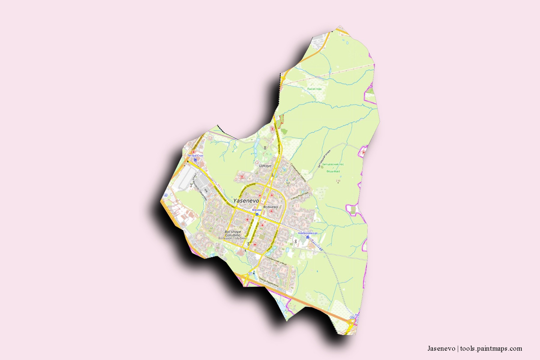 Mapa de barrios y pueblos de Jasenevo con efecto de sombra 3D