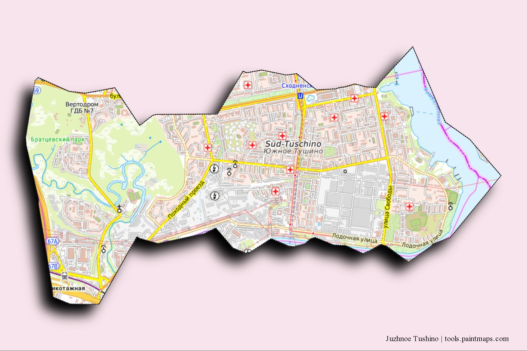 Juzhnoe Tushino neighborhoods and villages map with 3D shadow effect