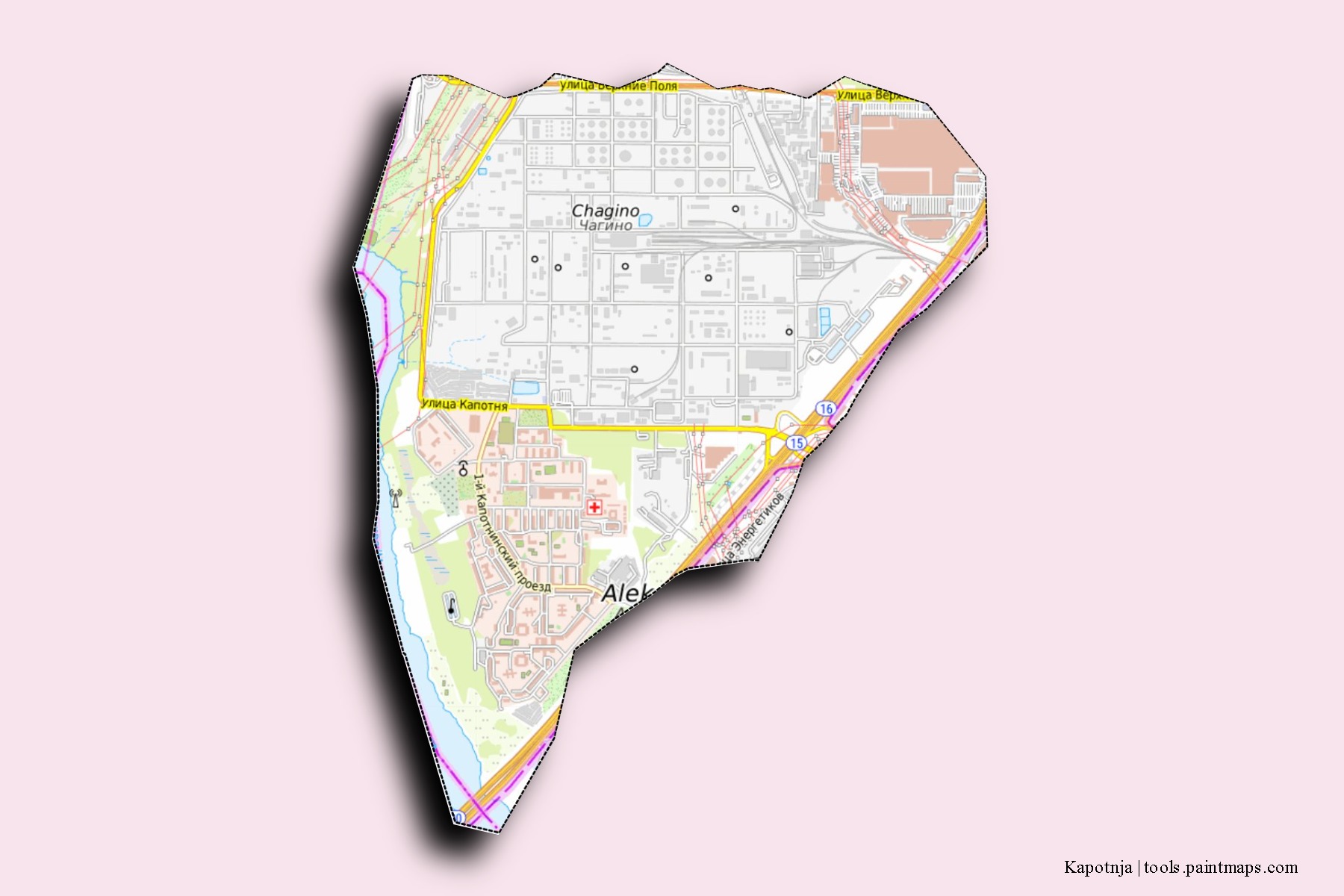 Kapotnja neighborhoods and villages map with 3D shadow effect