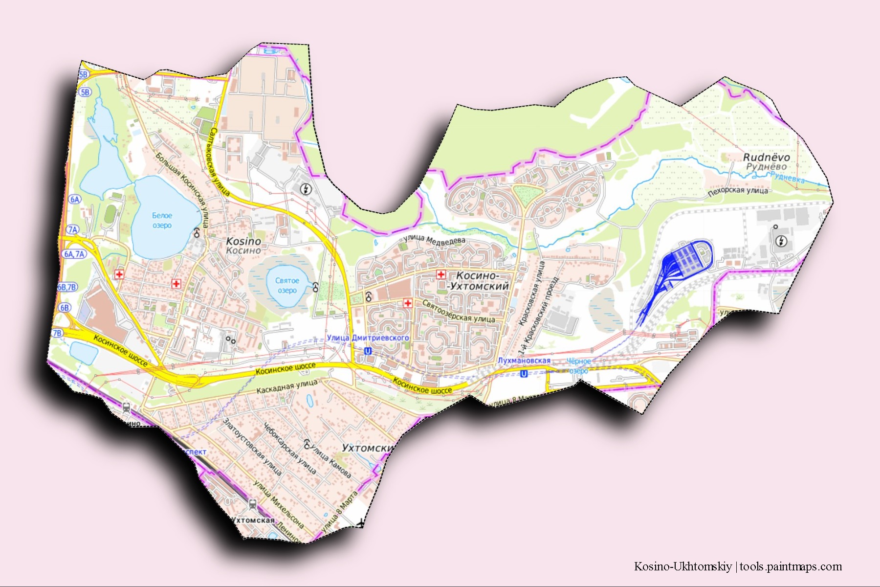 Kosino-Ukhtomskiy neighborhoods and villages map with 3D shadow effect