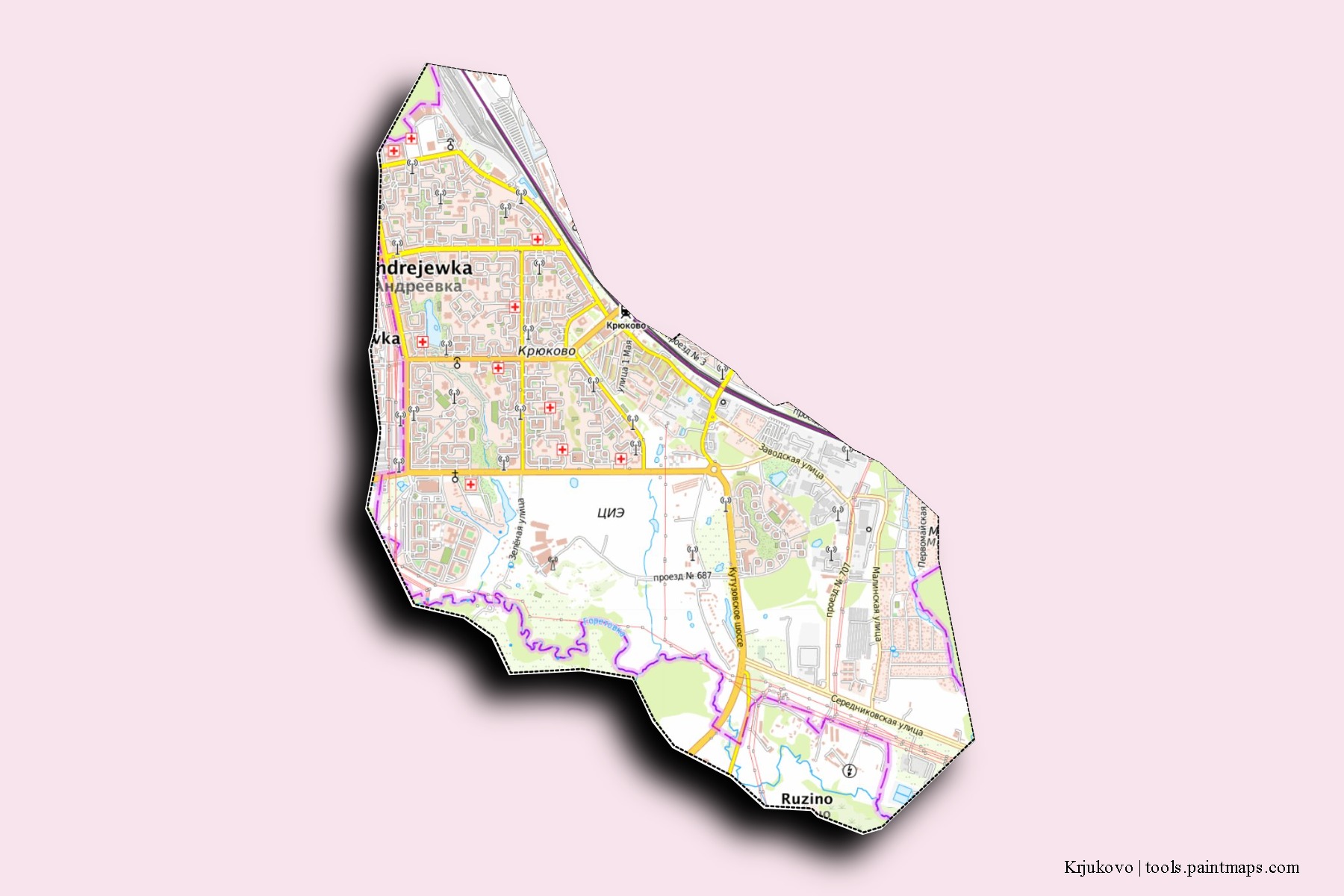 Mapa de barrios y pueblos de Krjukovo con efecto de sombra 3D