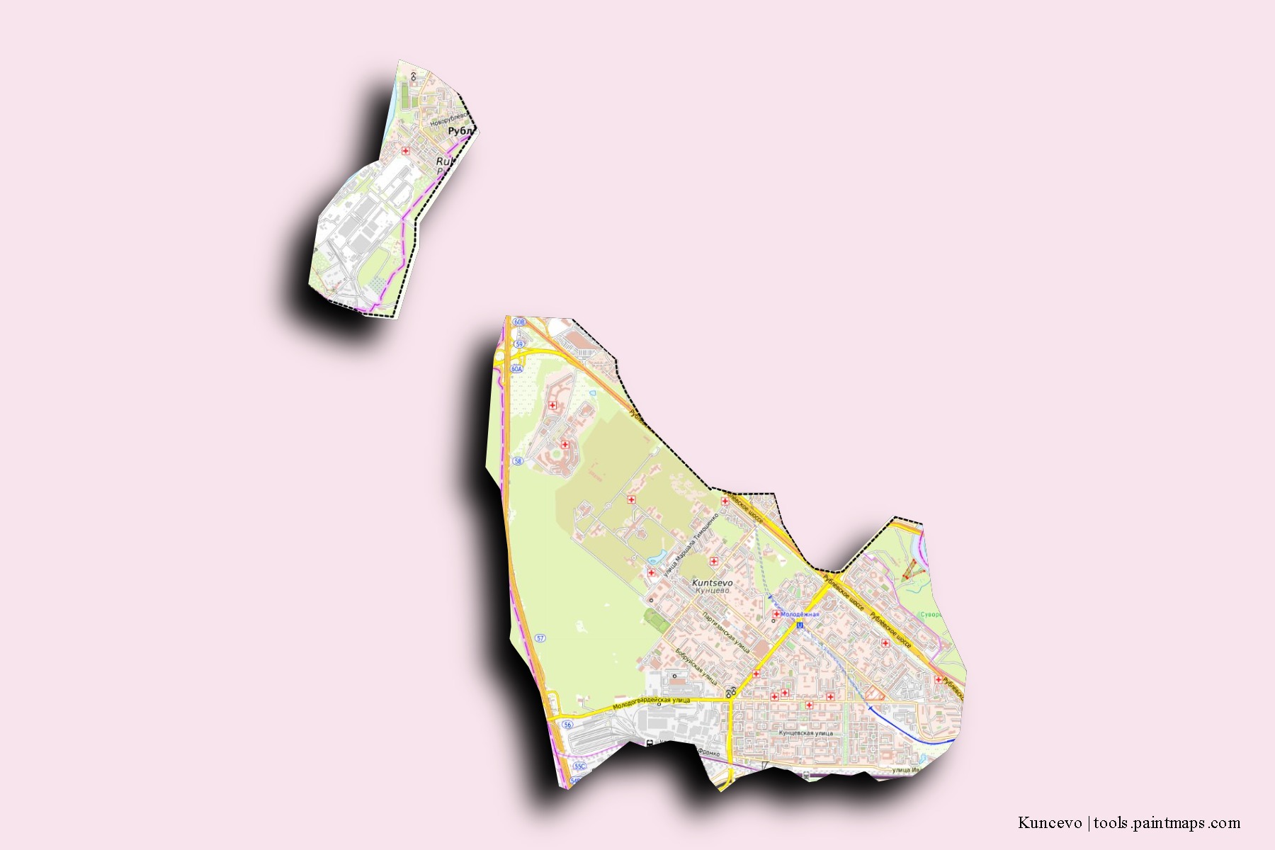 Kuncevo neighborhoods and villages map with 3D shadow effect