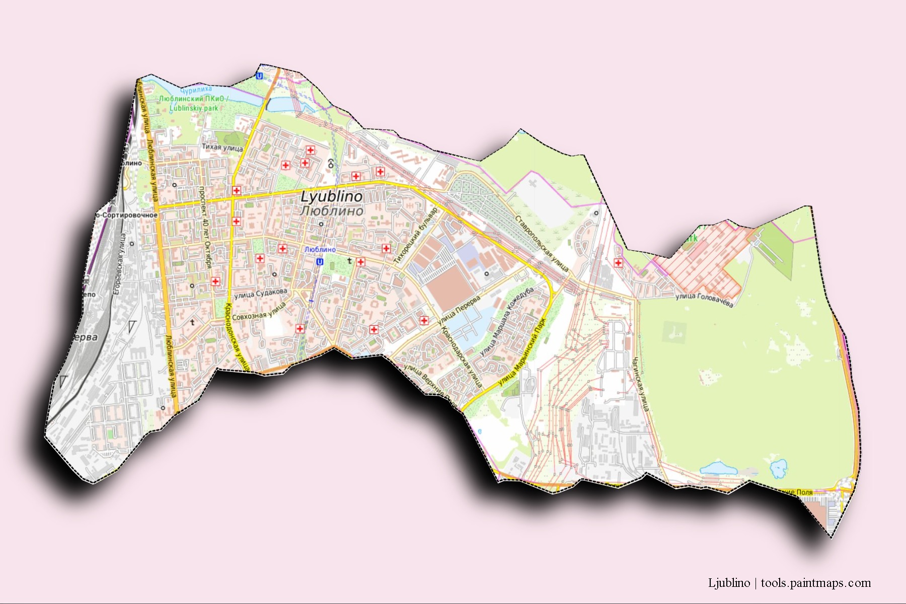 Ljublino neighborhoods and villages map with 3D shadow effect