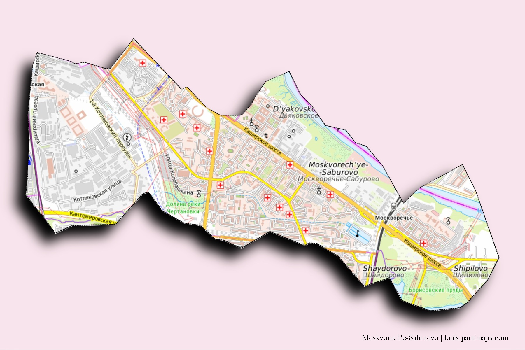 Mapa de barrios y pueblos de Moskvorech'e-Saburovo con efecto de sombra 3D