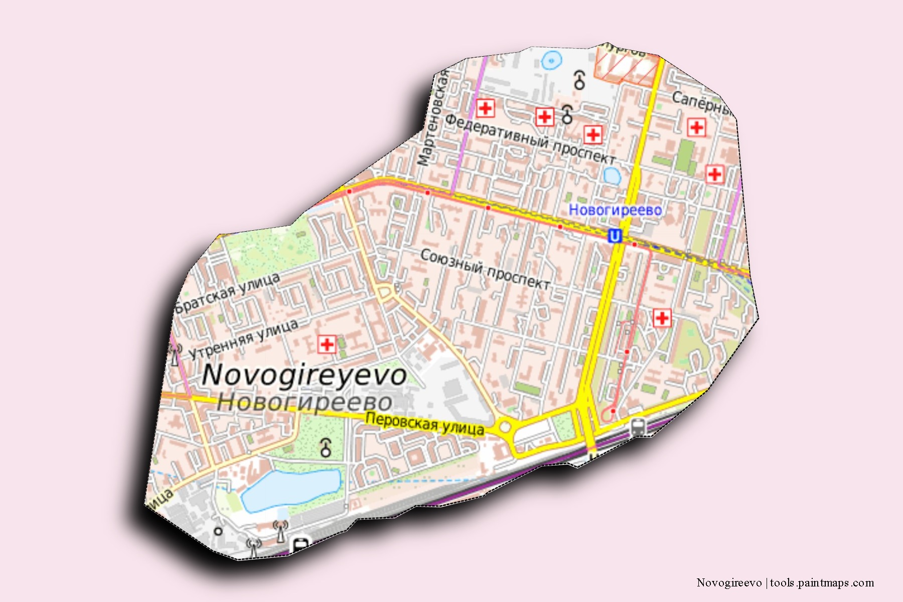 Novogireevo neighborhoods and villages map with 3D shadow effect