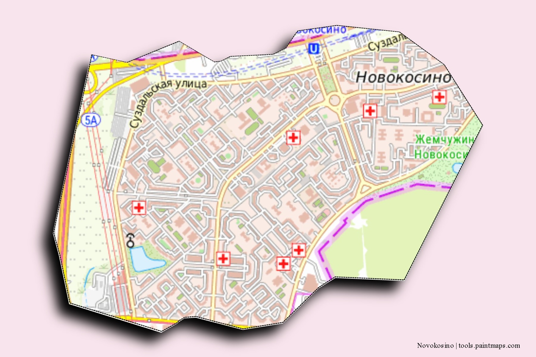 Mapa de barrios y pueblos de Novokosino con efecto de sombra 3D