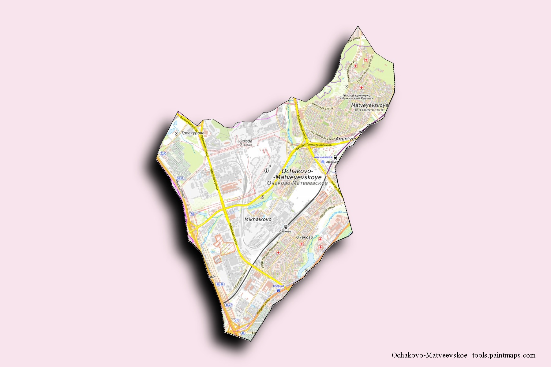 Mapa de barrios y pueblos de Ochakovo-Matveevskoe con efecto de sombra 3D