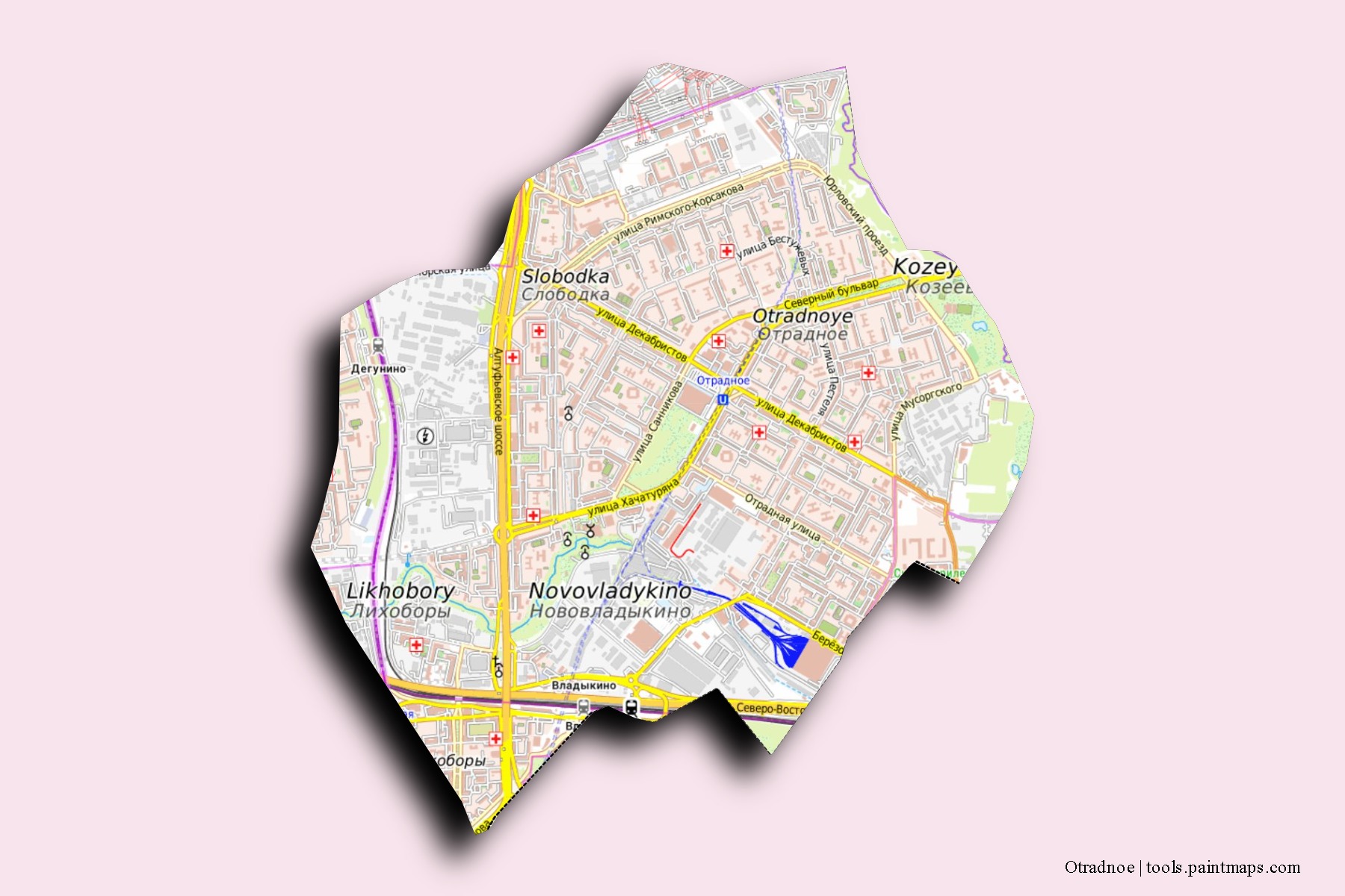 Mapa de barrios y pueblos de Otradnoe con efecto de sombra 3D