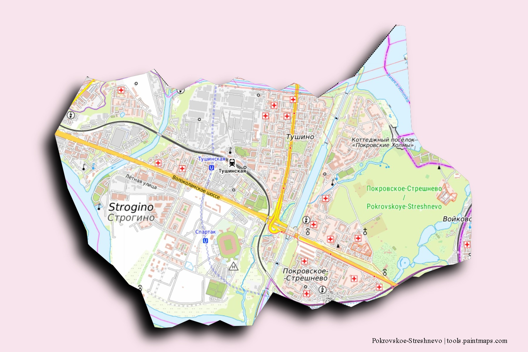 Mapa de barrios y pueblos de Pokrovskoe-Streshnevo con efecto de sombra 3D