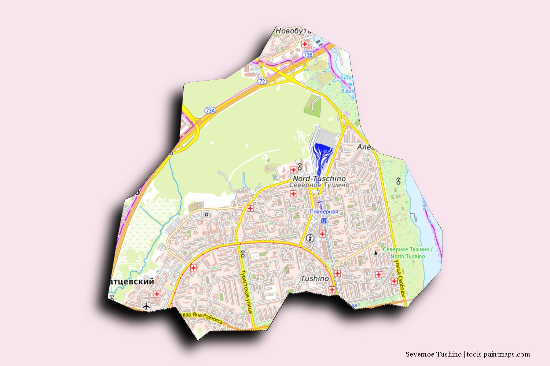 Severnoe Tushino neighborhoods and villages map with 3D shadow effect