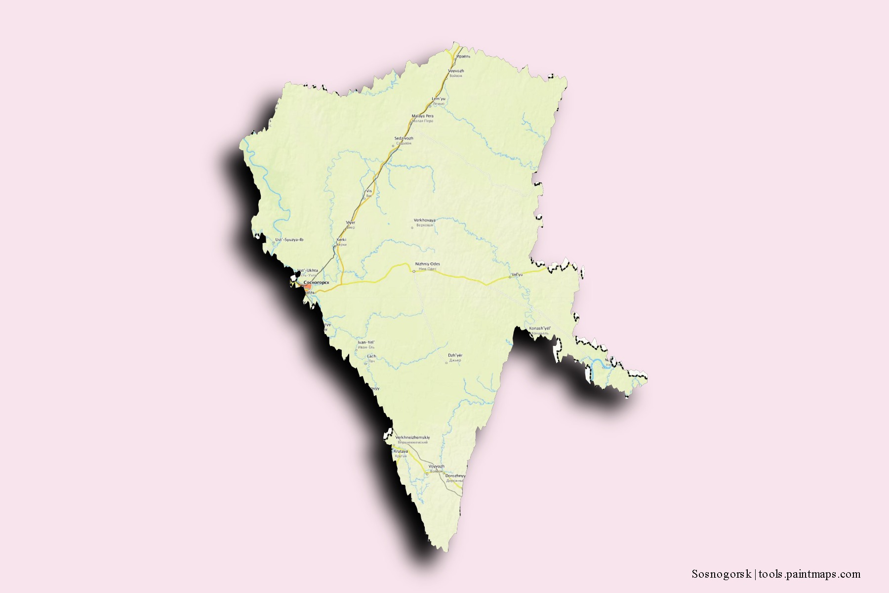 Mapa de barrios y pueblos de Sosnogorsk con efecto de sombra 3D