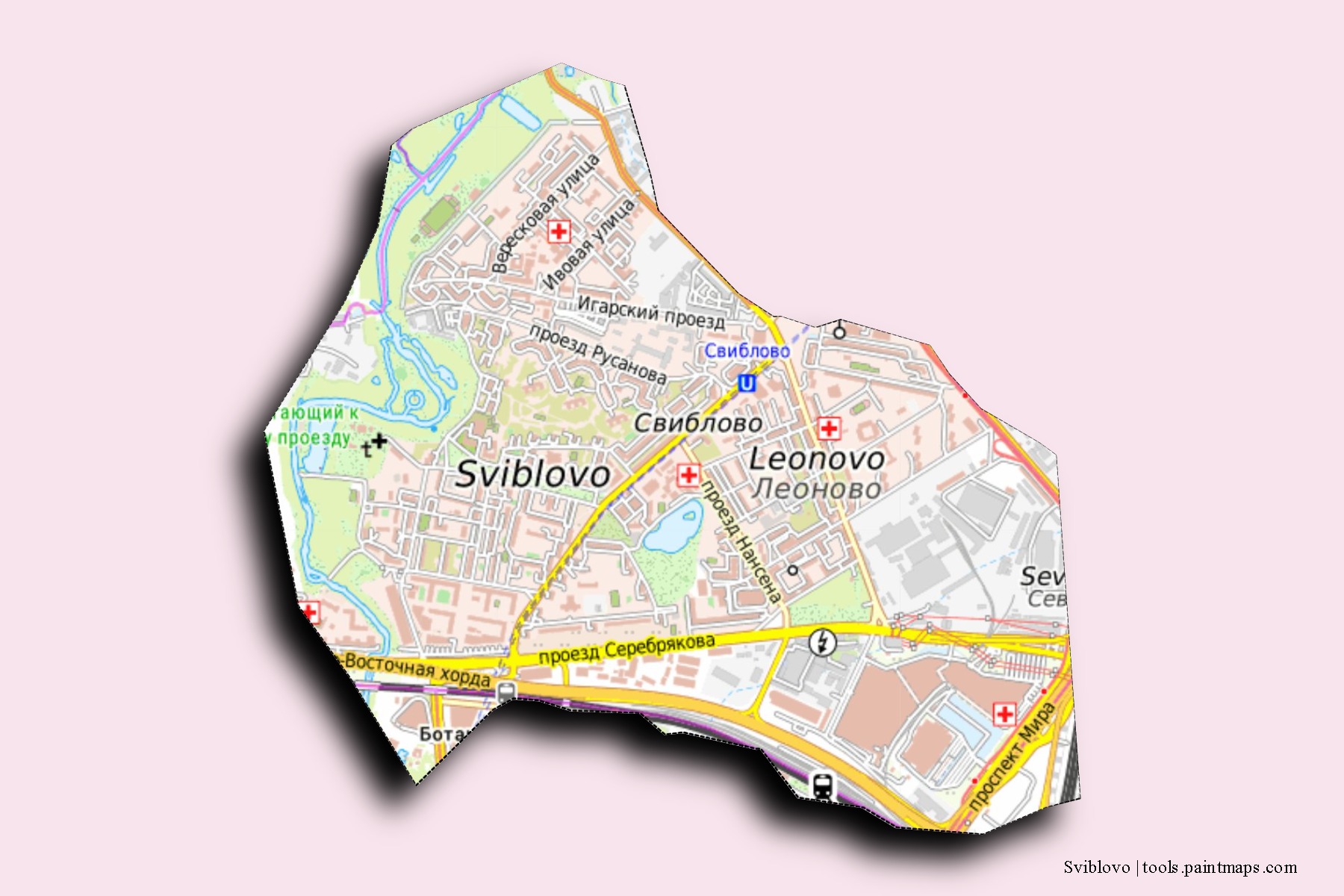 Sviblovo neighborhoods and villages map with 3D shadow effect