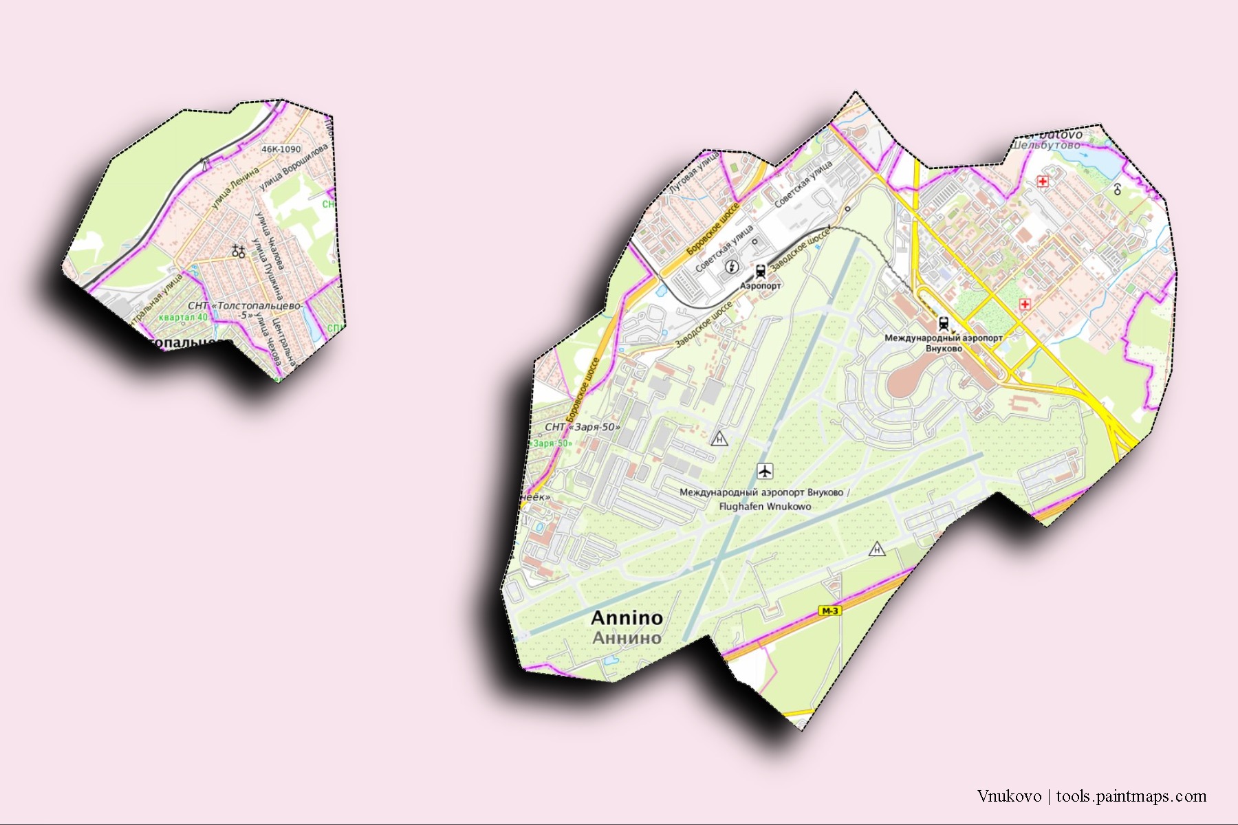 Mapa de barrios y pueblos de Vnukovo con efecto de sombra 3D