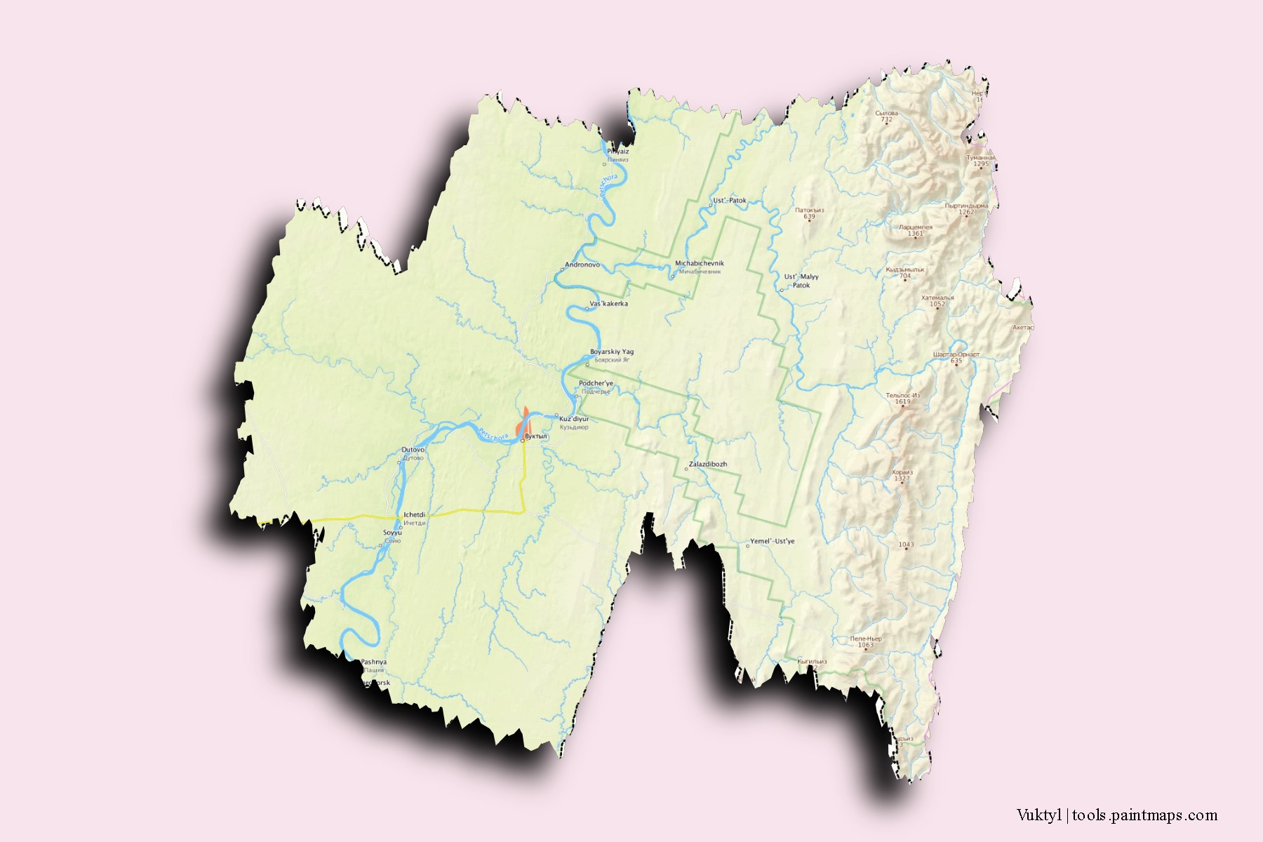 Mapa de barrios y pueblos de Vuktyl con efecto de sombra 3D