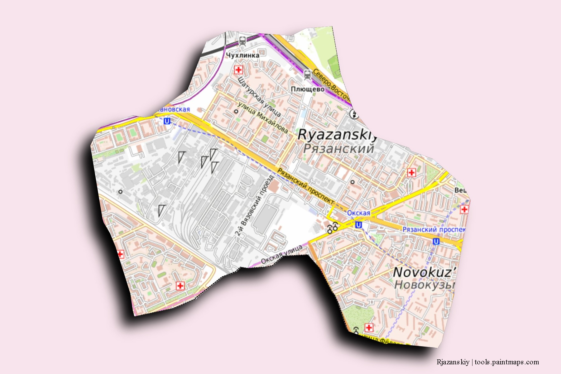 Rjazanskiy neighborhoods and villages map with 3D shadow effect