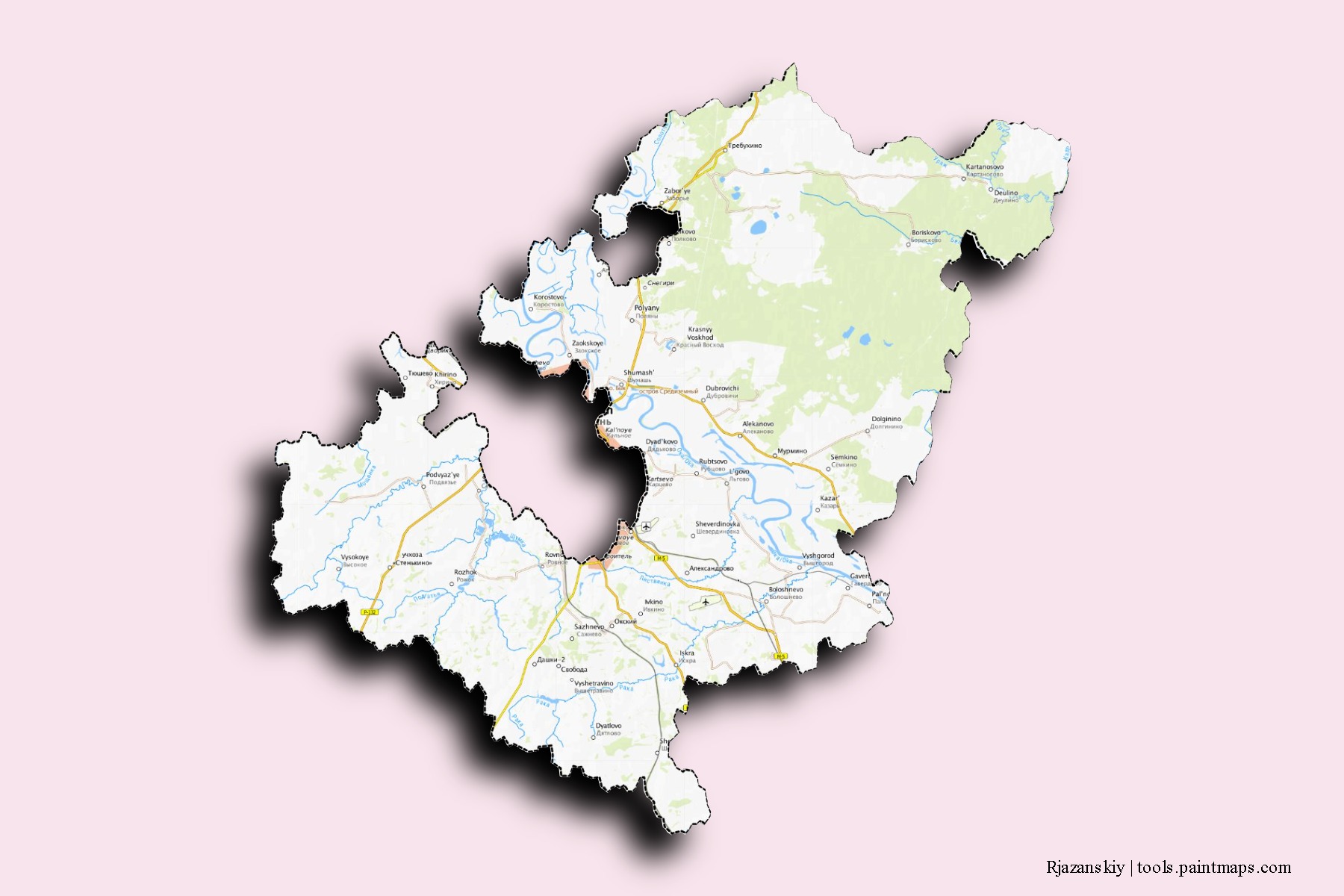 Rjazanskiy neighborhoods and villages map with 3D shadow effect