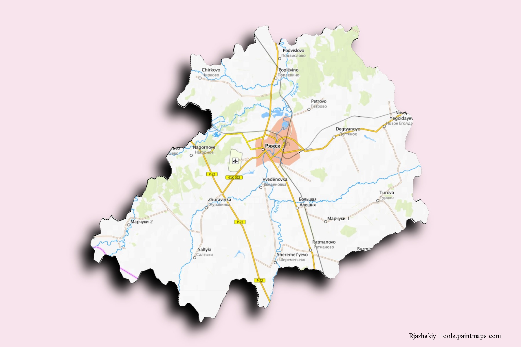 Mapa de barrios y pueblos de Rjazhskiy con efecto de sombra 3D