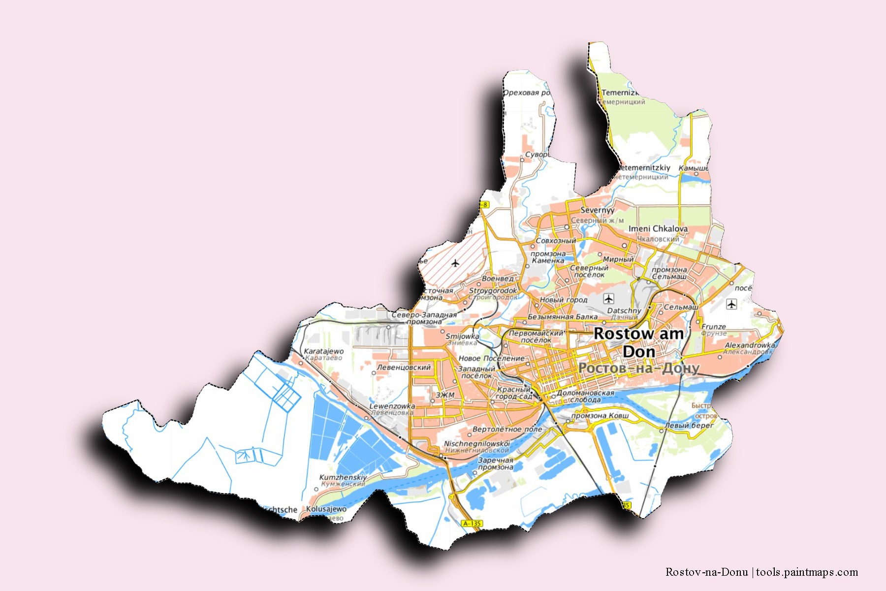 Rostov-na-Donu neighborhoods and villages map with 3D shadow effect