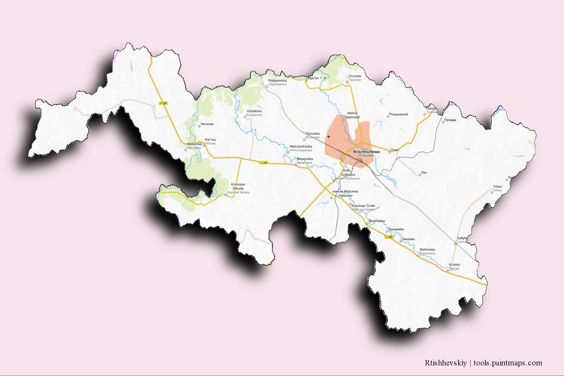 Mapa de barrios y pueblos de Rtishhevskiy con efecto de sombra 3D