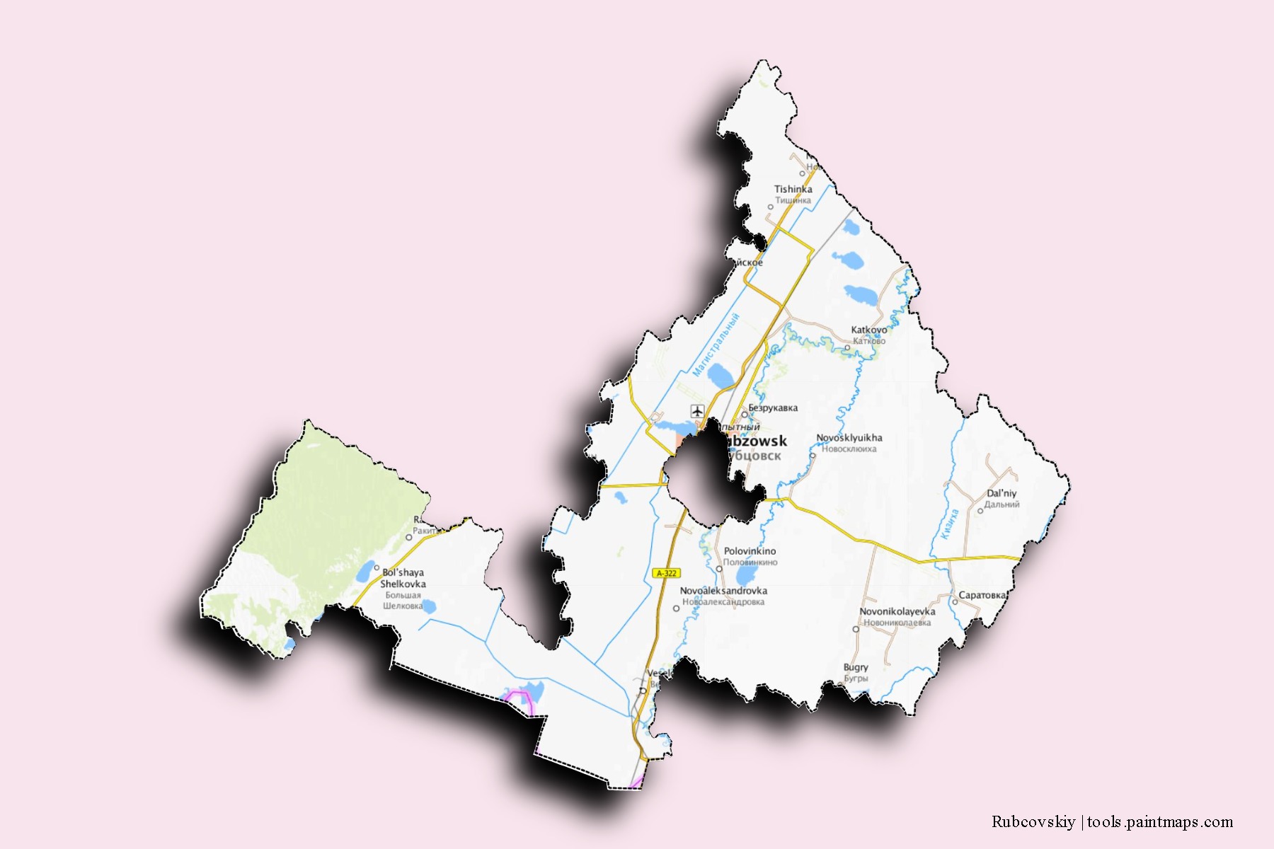 Mapa de barrios y pueblos de Rubcovskiy con efecto de sombra 3D