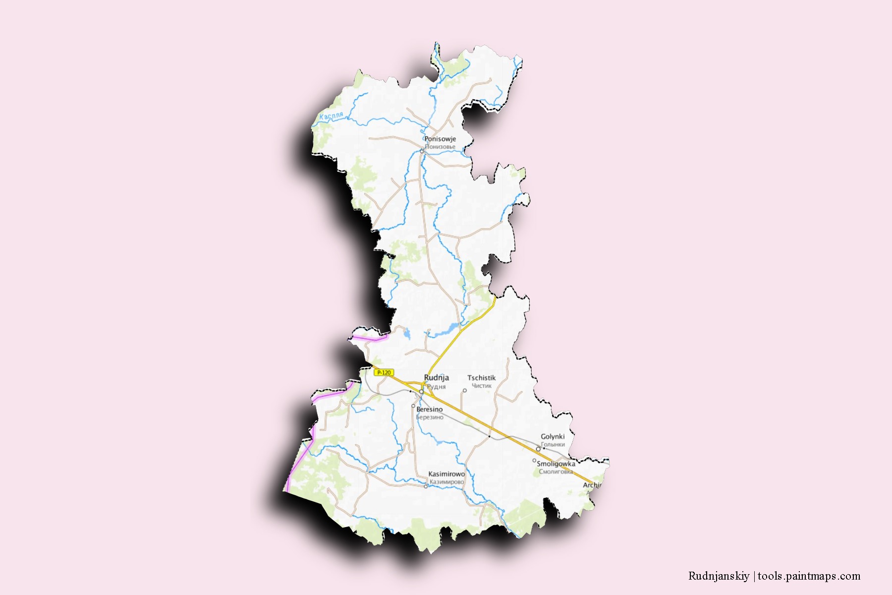 Mapa de barrios y pueblos de Rudnjanskiy con efecto de sombra 3D