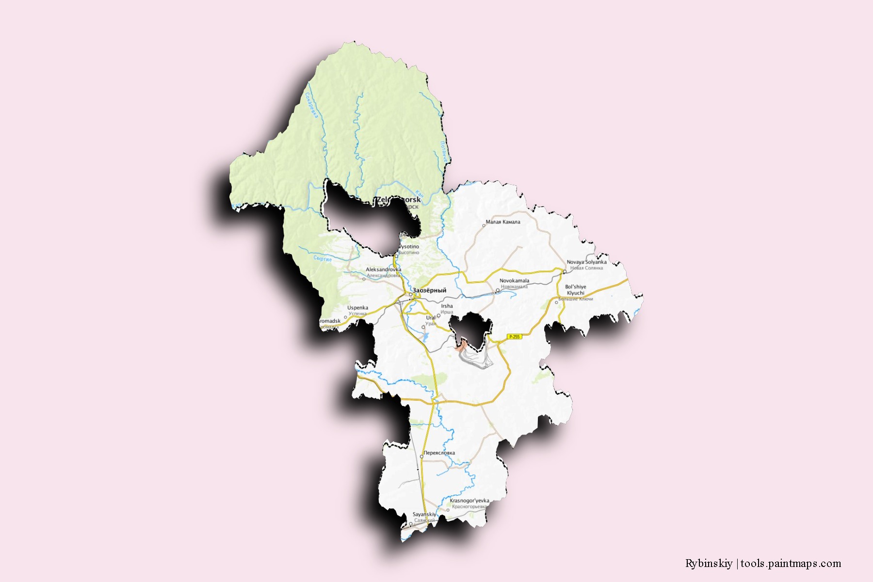 Rybinskiy neighborhoods and villages map with 3D shadow effect