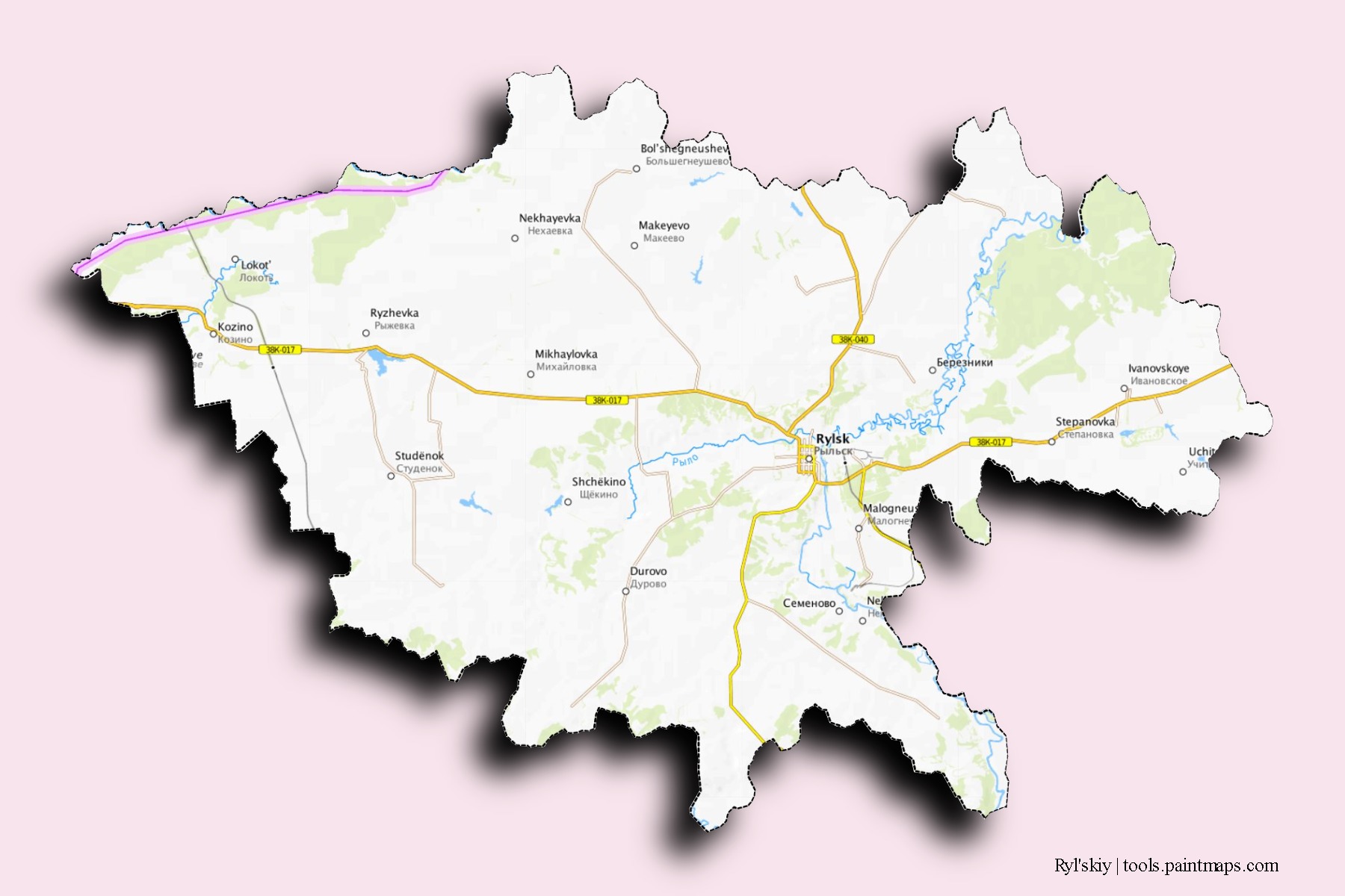 Mapa de barrios y pueblos de Ryl'skiy con efecto de sombra 3D