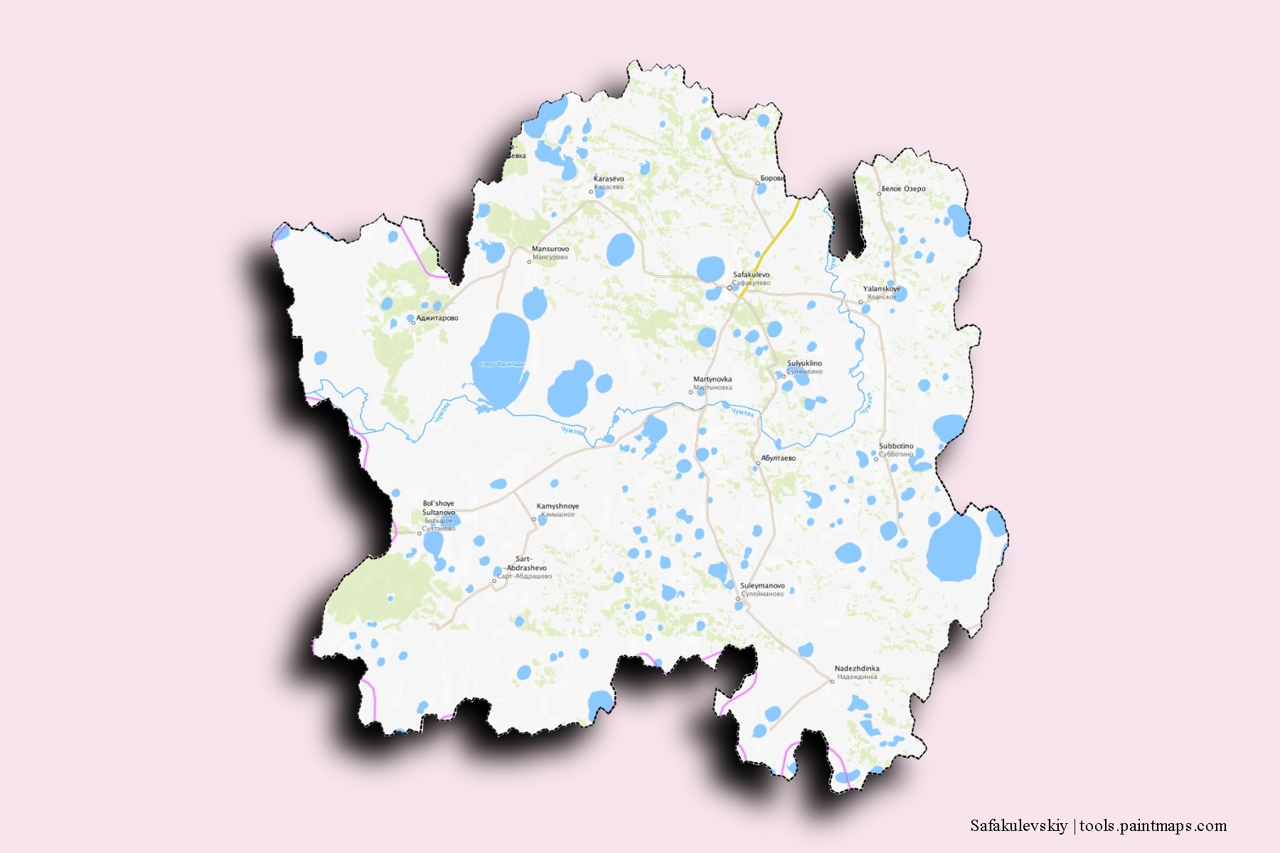 Safakulevskiy neighborhoods and villages map with 3D shadow effect