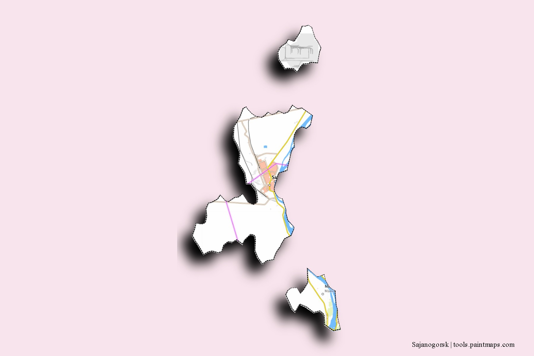 Mapa de barrios y pueblos de Sajanogorsk con efecto de sombra 3D