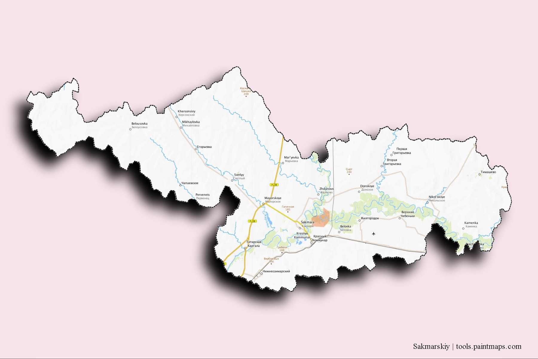 Sakmarskiy neighborhoods and villages map with 3D shadow effect