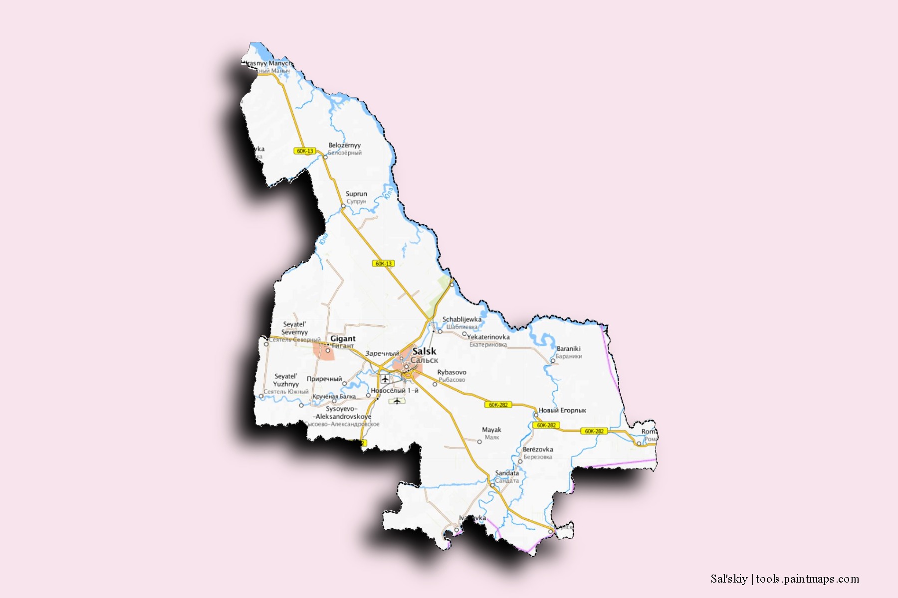 Sal'skiy neighborhoods and villages map with 3D shadow effect