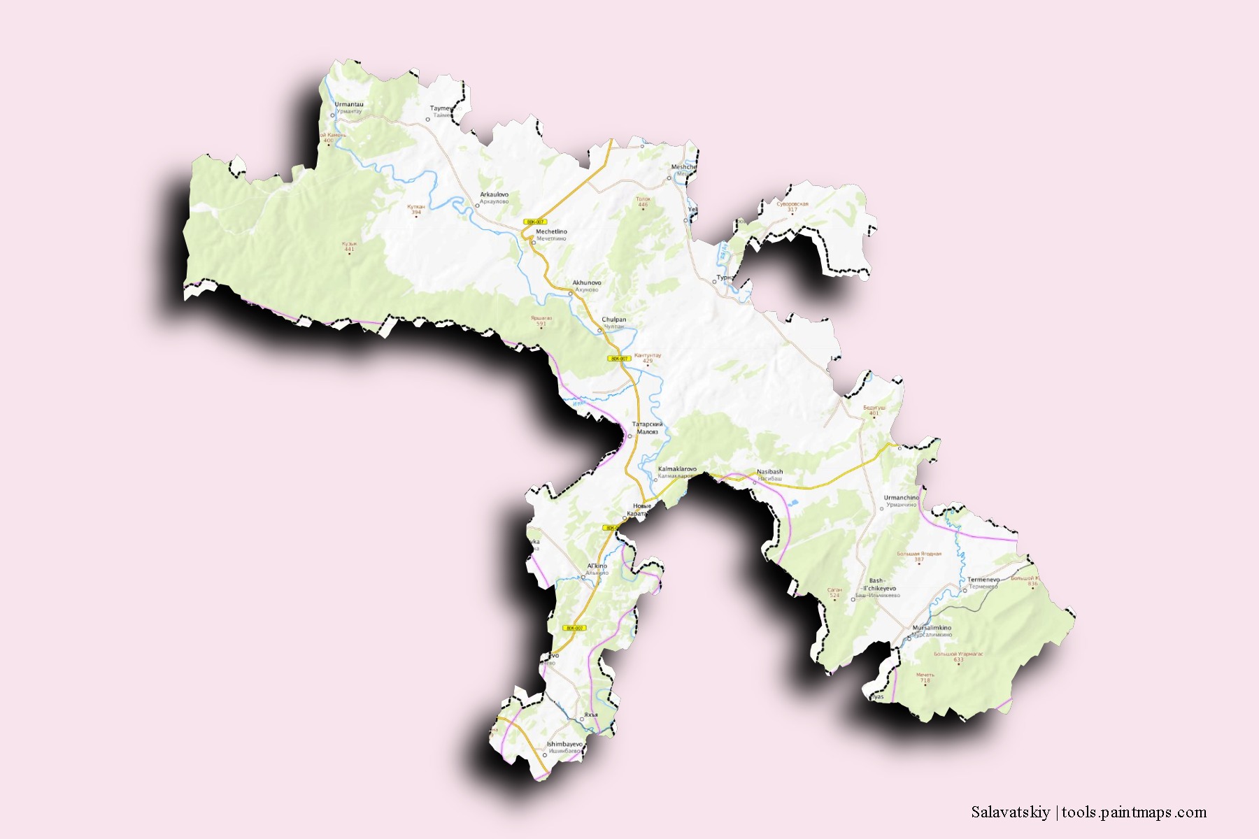 Salavatskiy neighborhoods and villages map with 3D shadow effect