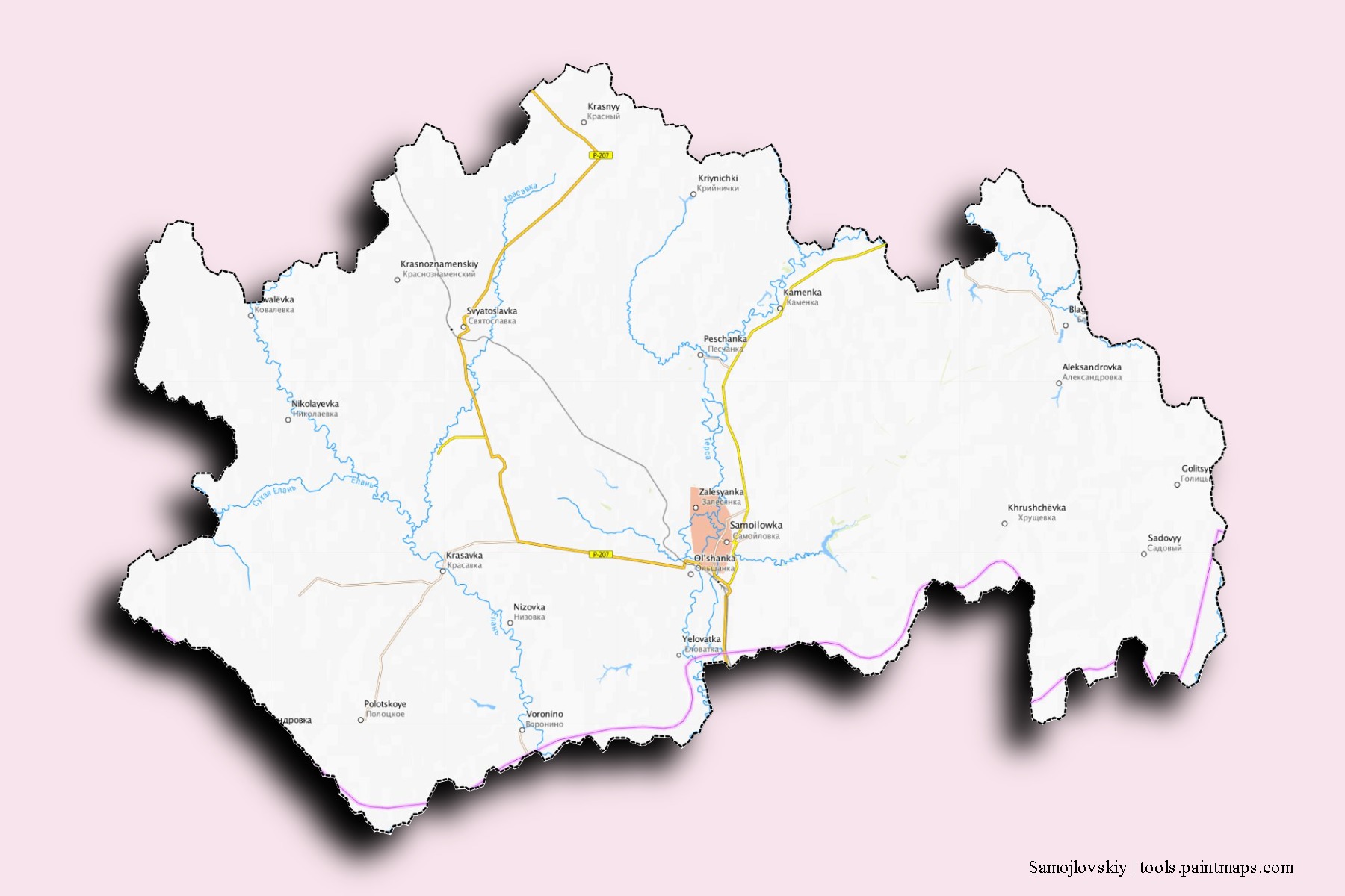 Mapa de barrios y pueblos de Samojlovskiy con efecto de sombra 3D