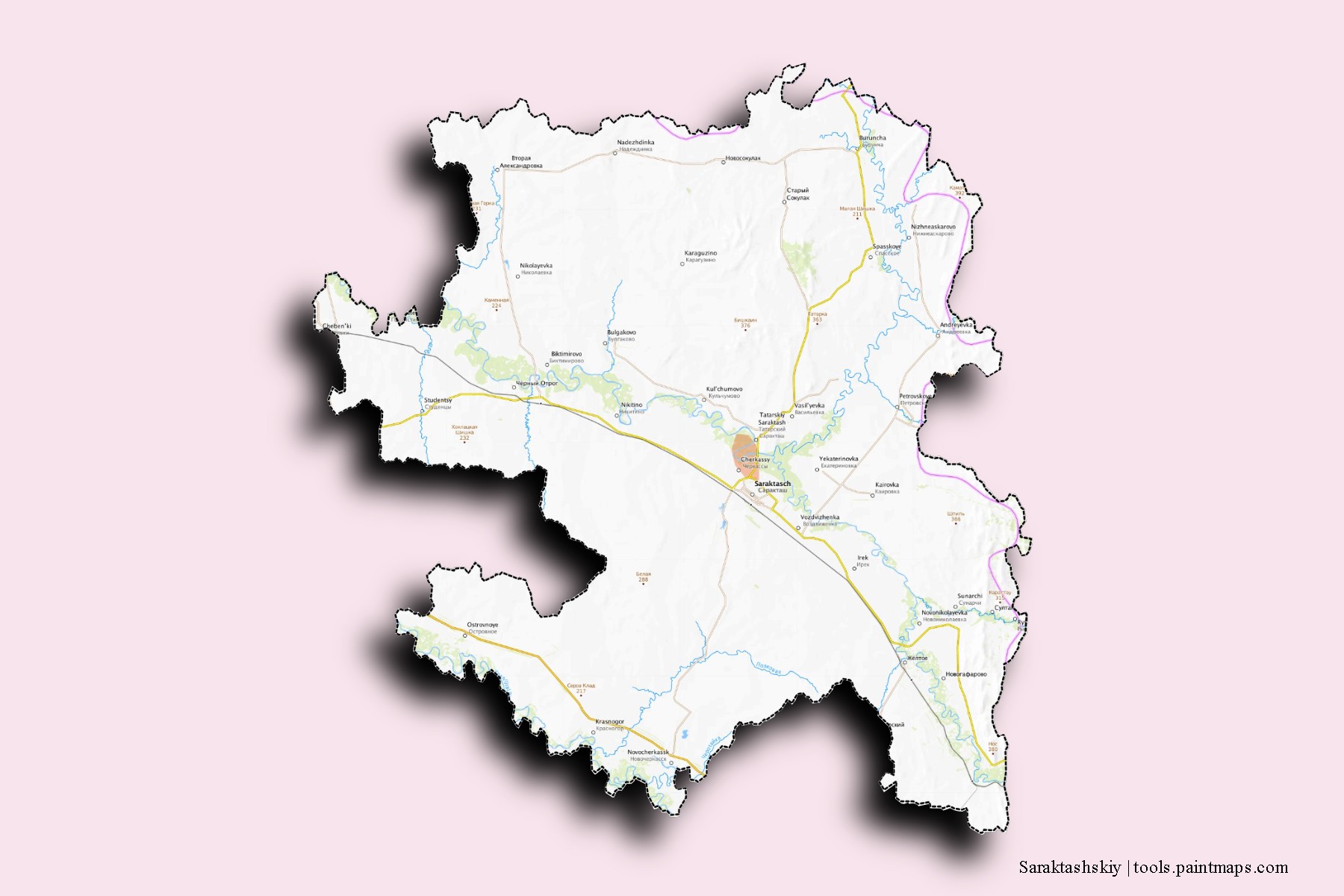 Mapa de barrios y pueblos de Saraktashskiy con efecto de sombra 3D