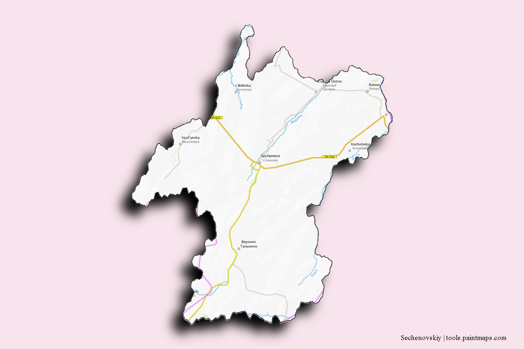 Mapa de barrios y pueblos de Sechenovskiy con efecto de sombra 3D