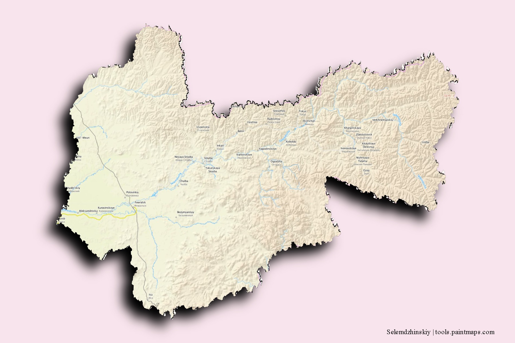 Mapa de barrios y pueblos de Selemdzhinskiy con efecto de sombra 3D