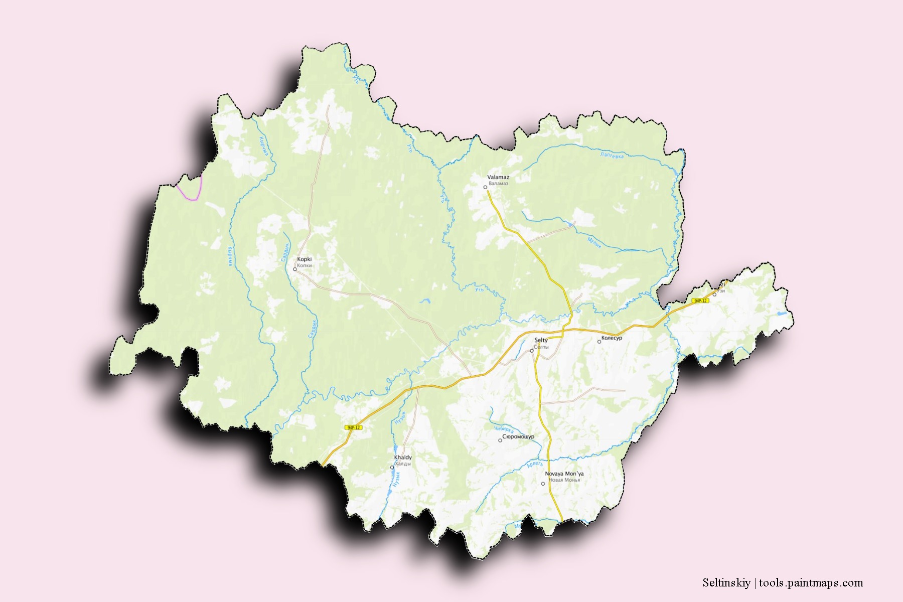 Mapa de barrios y pueblos de Seltinskiy con efecto de sombra 3D