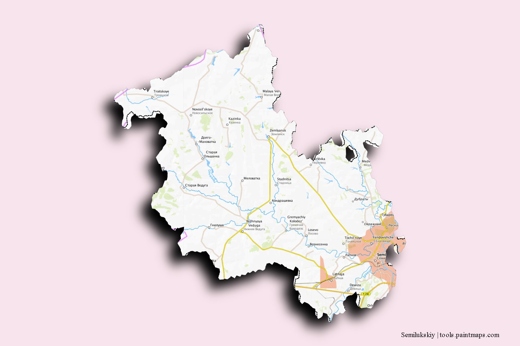 Mapa de barrios y pueblos de Semilukskiy con efecto de sombra 3D