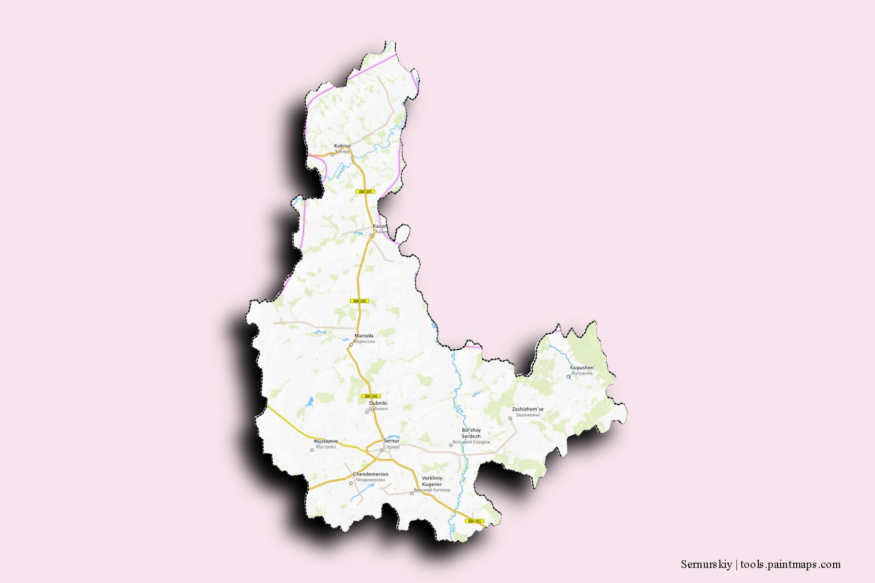 Sernurskiy neighborhoods and villages map with 3D shadow effect