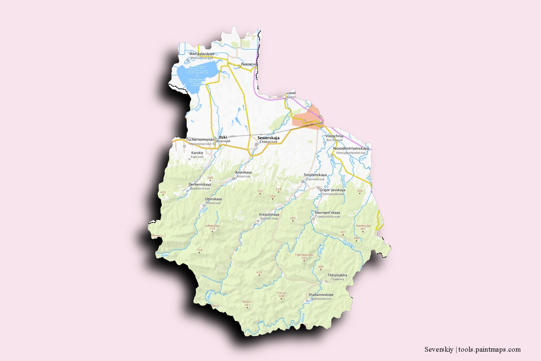 Mapa de barrios y pueblos de Severskiy con efecto de sombra 3D