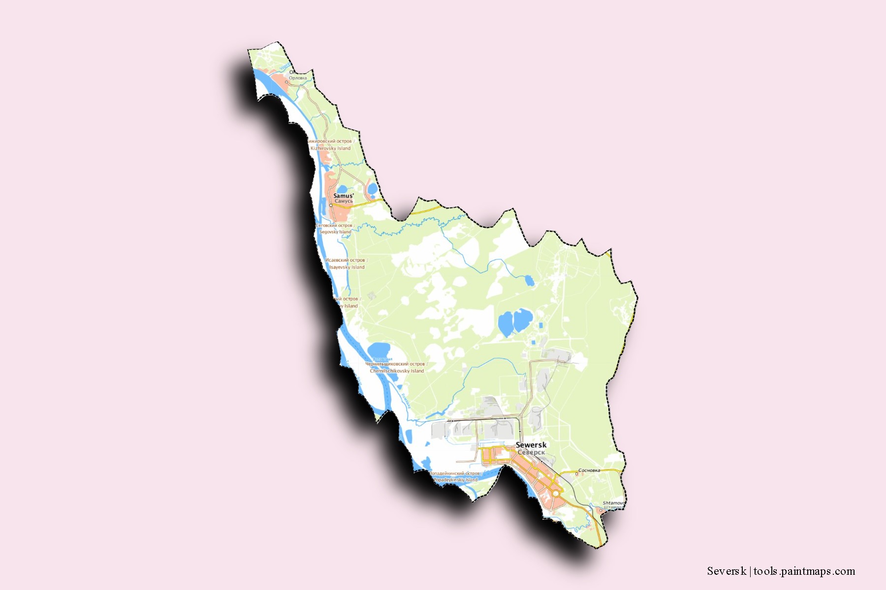 Mapa de barrios y pueblos de Seversk con efecto de sombra 3D