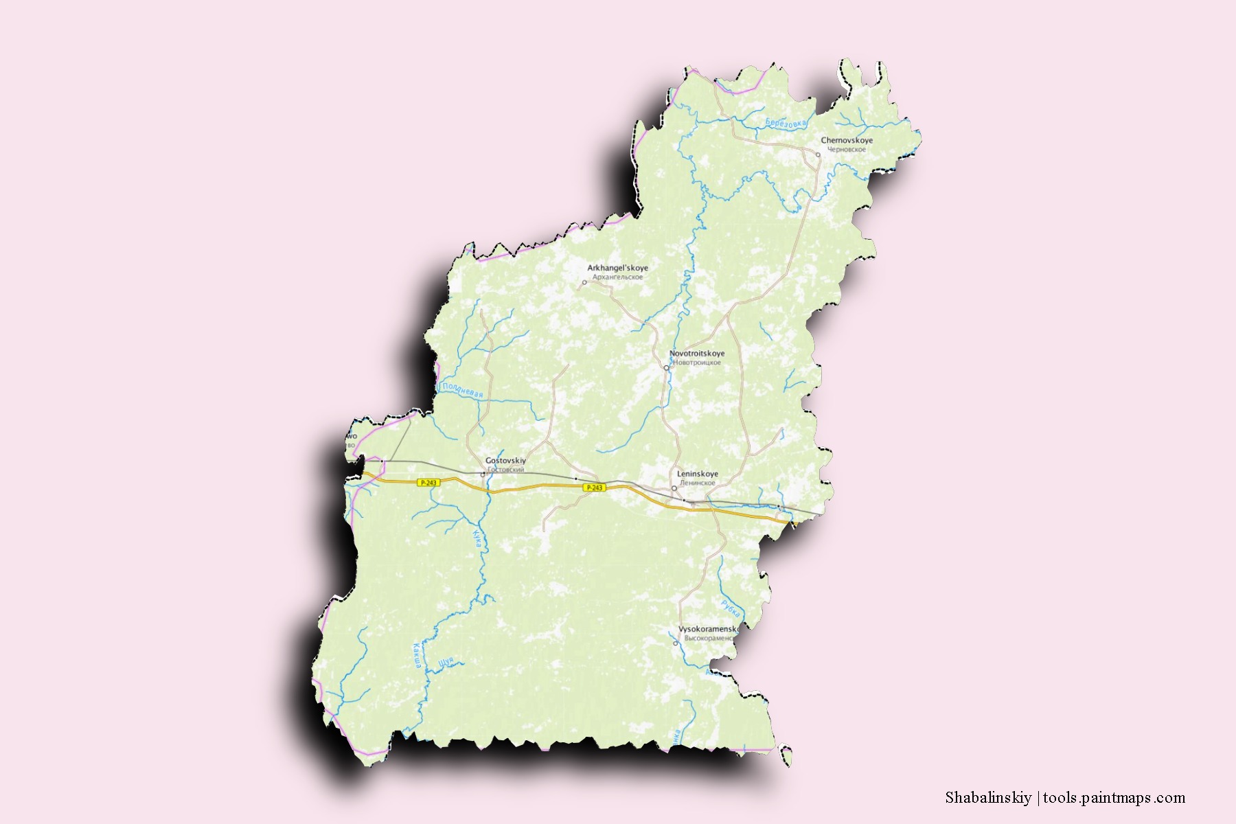 Mapa de barrios y pueblos de Shabalinskiy con efecto de sombra 3D