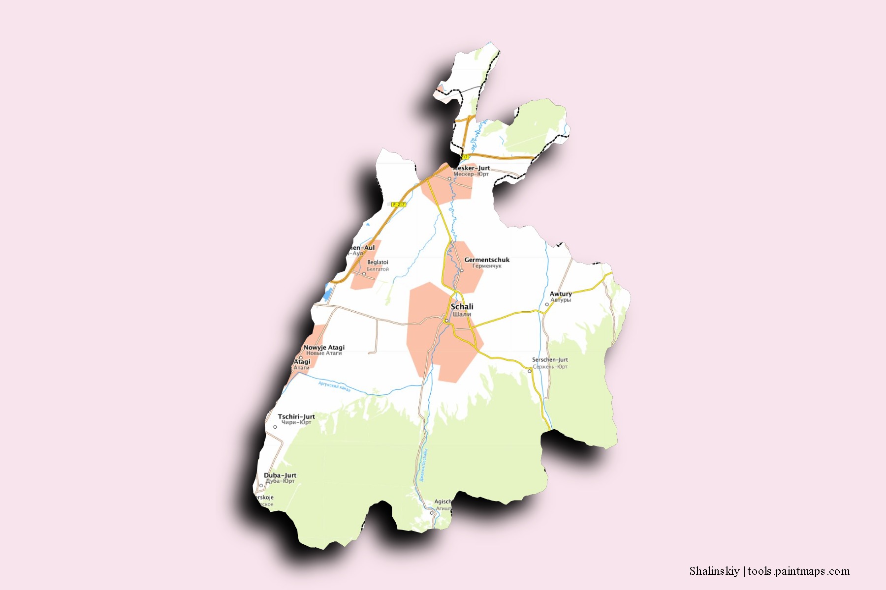 3D gölge efektli Shalinskiy mahalleleri ve köyleri haritası