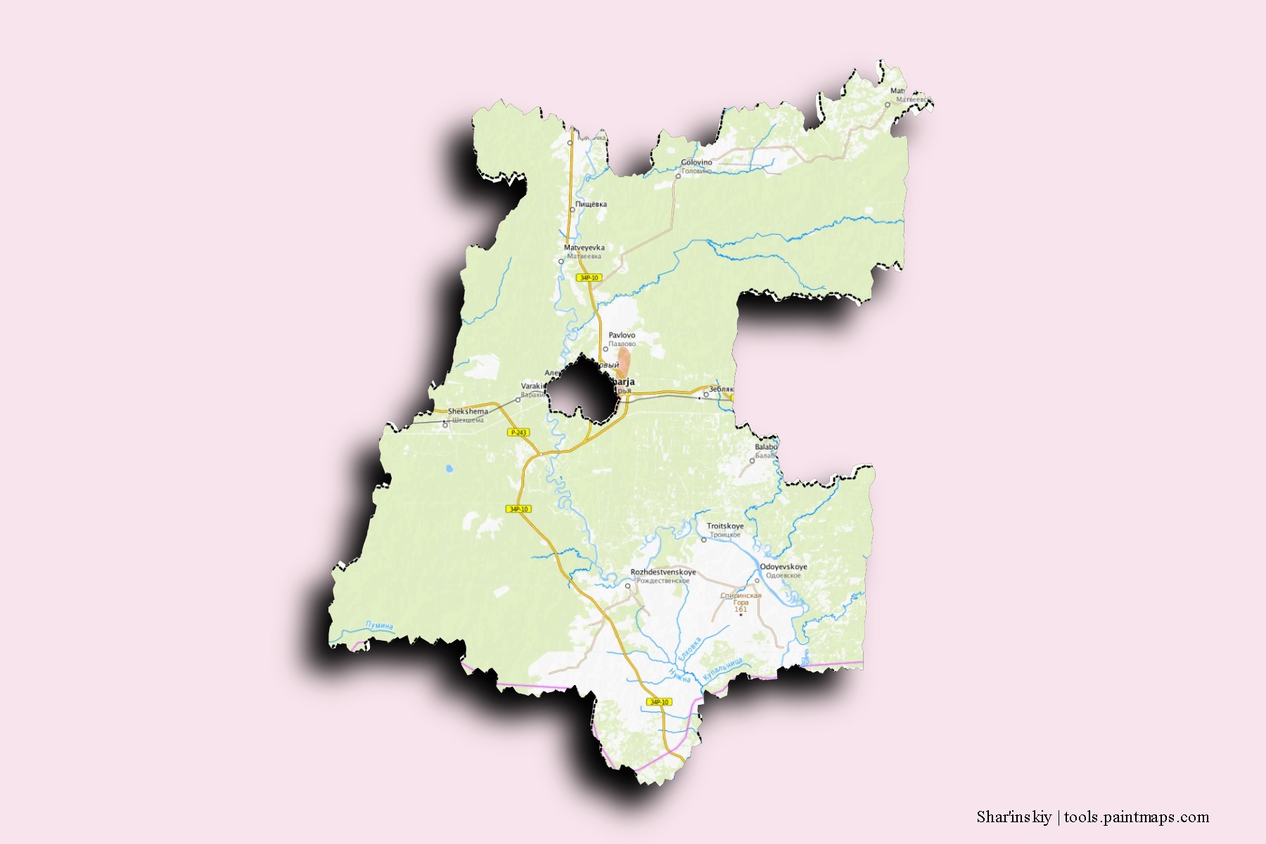 Mapa de barrios y pueblos de Shar'inskiy con efecto de sombra 3D