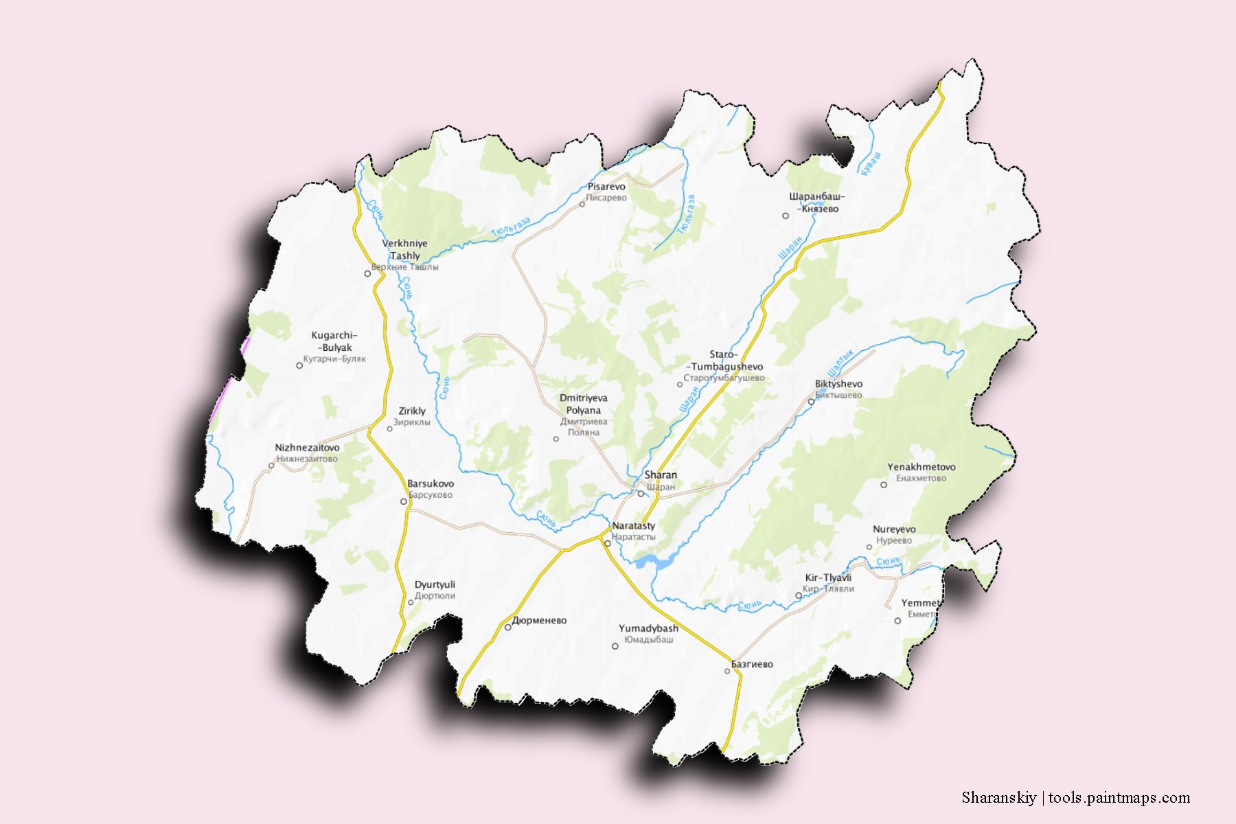 Mapa de barrios y pueblos de Sharanskiy con efecto de sombra 3D