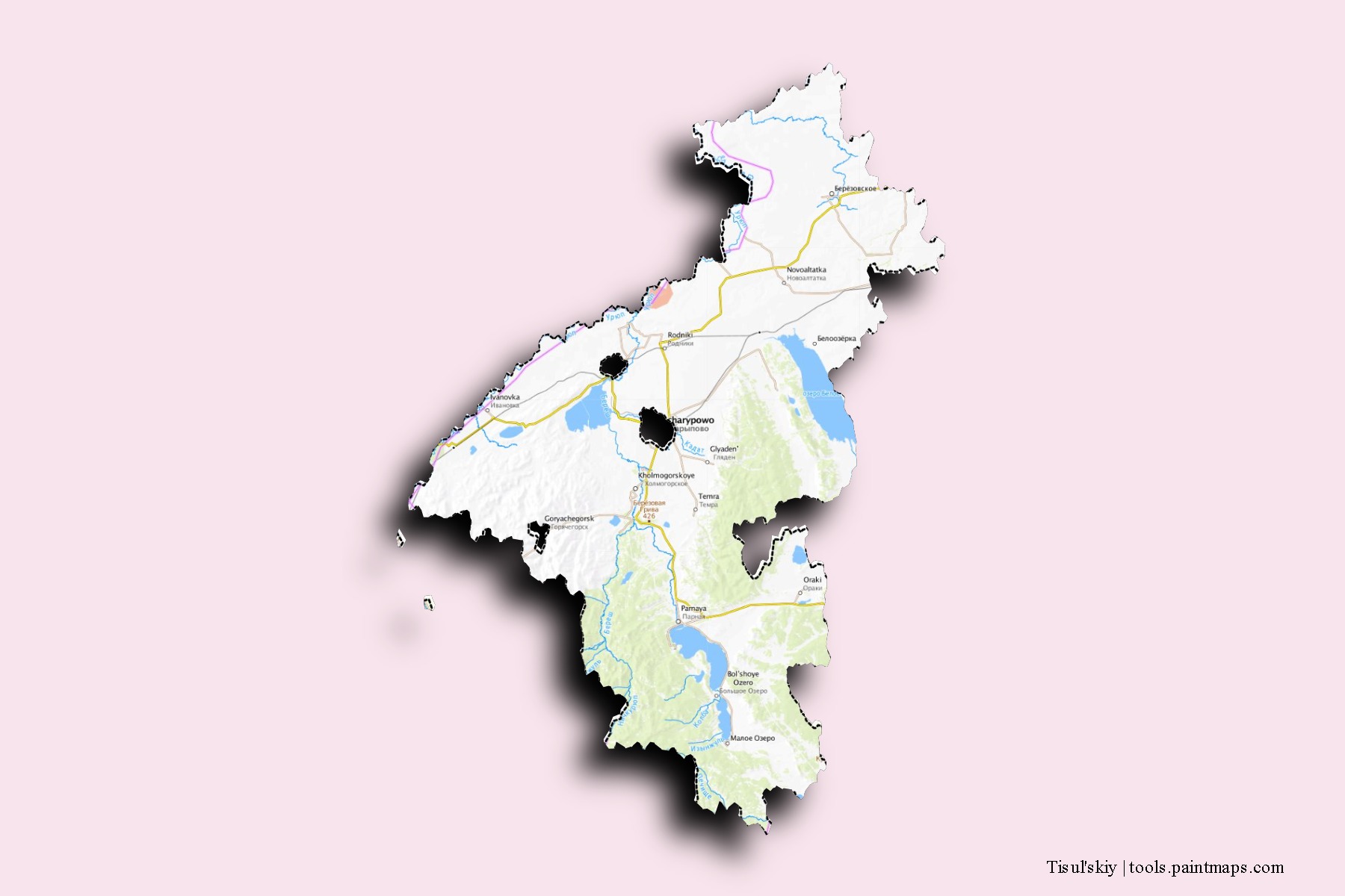 Tisul'skiy neighborhoods and villages map with 3D shadow effect