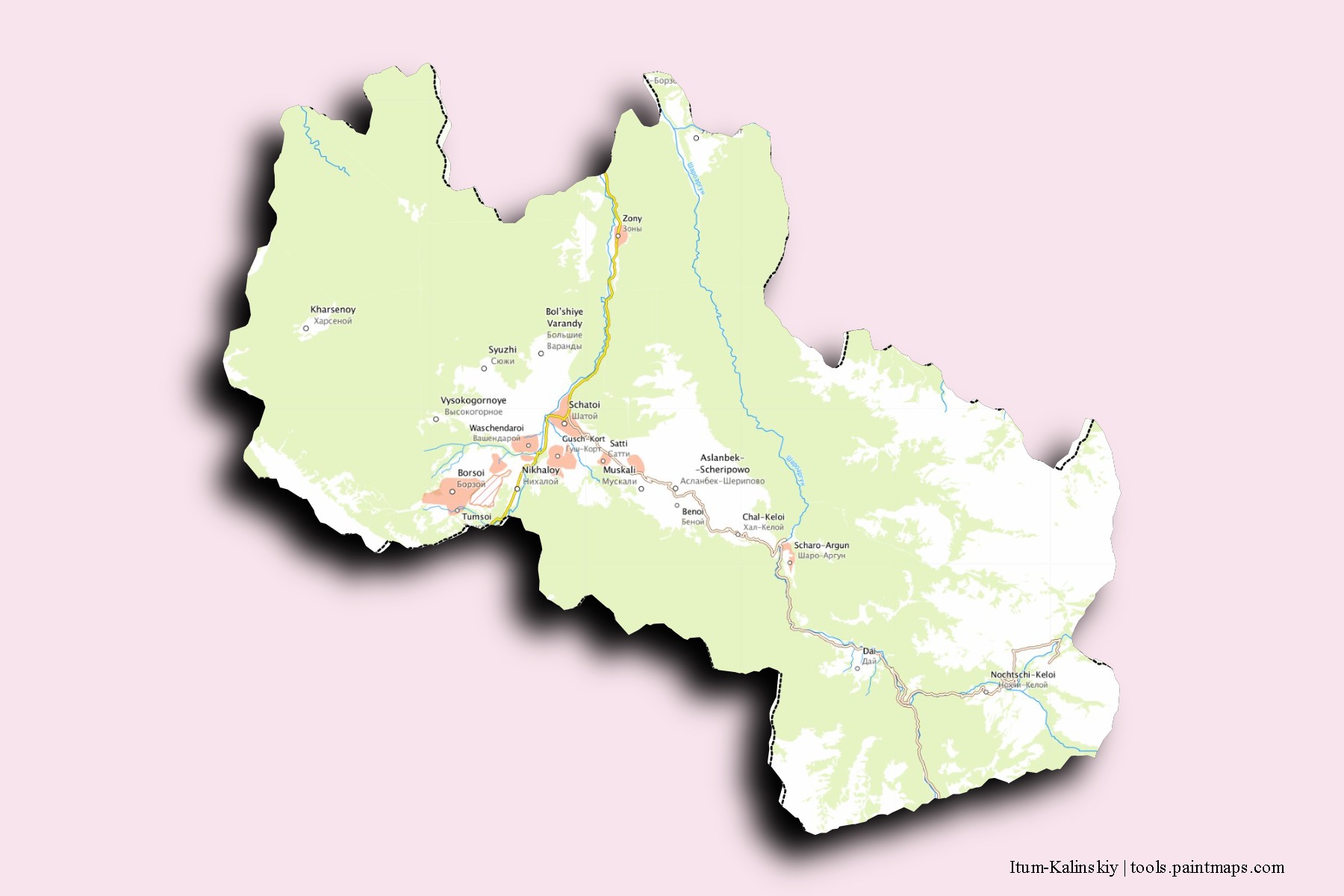 Itum-Kalinskiy neighborhoods and villages map with 3D shadow effect